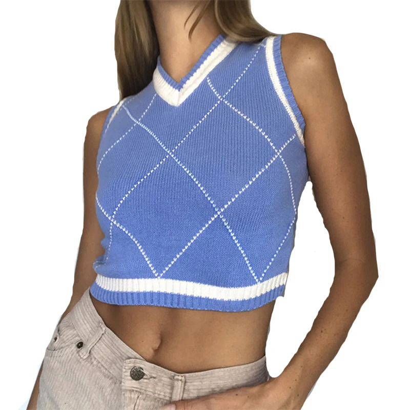 

Blue Plaid Argyle Cropped Sweater Vest Sleeveless Knitted Casual Tops V Neck Vintage Y2k Womens Pullover Waistcoat Tank Top 2020