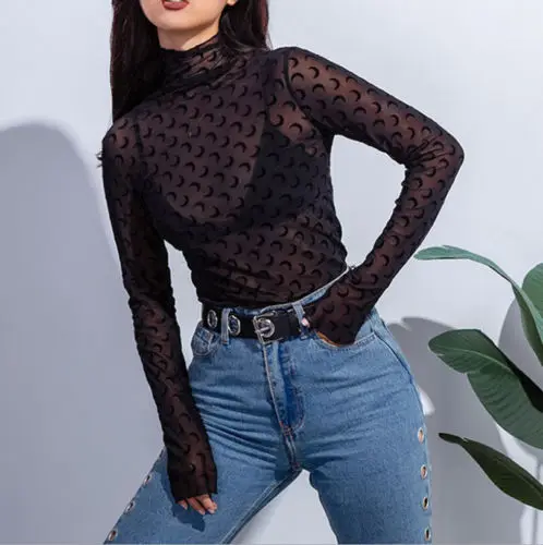 

Autumn Sexy Women Turtle Neck See Through Transparent Mesh Sheer Top T-Shirt Tee TopsPrinted long sleeve Clubwear Short TEE
