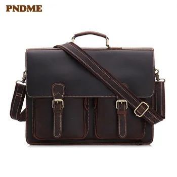

Vintage high quality crazy horse cowhide men's briefcase business handbag natural genuine leather laptop shoulder messenger bags