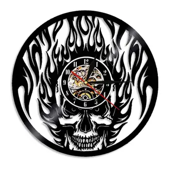 

Flaming Skull Wall Watch Angry Skull Head Wall Art Vinyl Record Wall Clock Fire Burning Skeleton Halloween Party Decor Clock