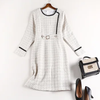 

2019 autumn winter women plaid knitted plus size tweed dresses buttons beading long sleeve dress 4XL 5XL apricot y482