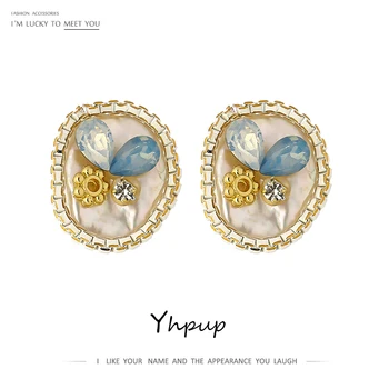 

Yhpup kpop Bohemian Natural Pearl Round Stud Earrings for Women Exquisite Shiny Cubic Zirconia Crystal Earrings бижутерия 2020