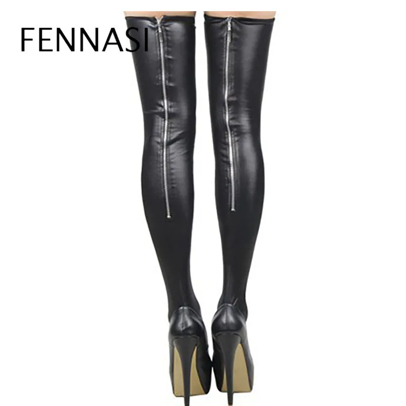 Fennasi Female Stockings Black Leather Stockings Women Thigh High Stockings Shiny Woman Tights 