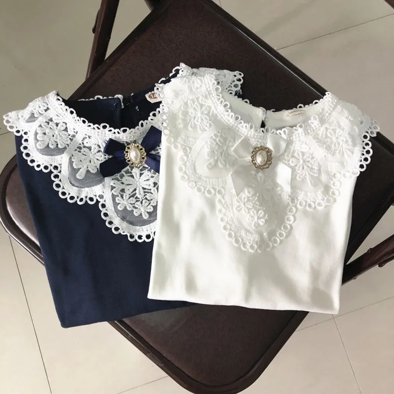 Children's School Girls Shirts Spring Fall Winter Kids White Long Sleeve Lace Bow Girl Tops And Blouse Baby Toddler Clothes JW3258 kids shirts