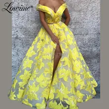 С открытыми плечами желтый арабское выпускное платье Цветочный принт Длинные вечерние платья Robe De Soiree Дубай турецкий Ближний Восток вечернее платье