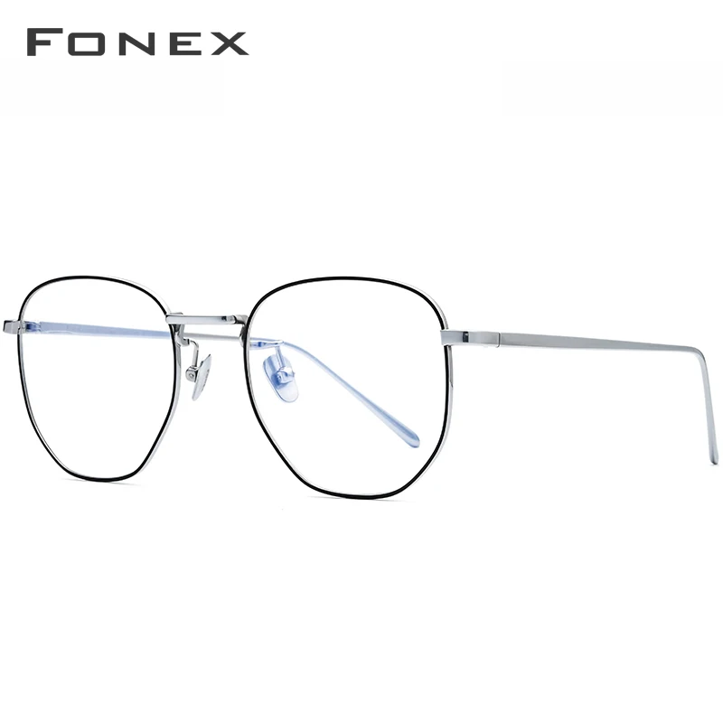 FONEX Pure Titanium Glasses Frame Men Myopia Optical Prescription Oversize Eyeglasses Frame Women New Gold Polygon Eyewear 8518 - Цвет оправы: Black Silver