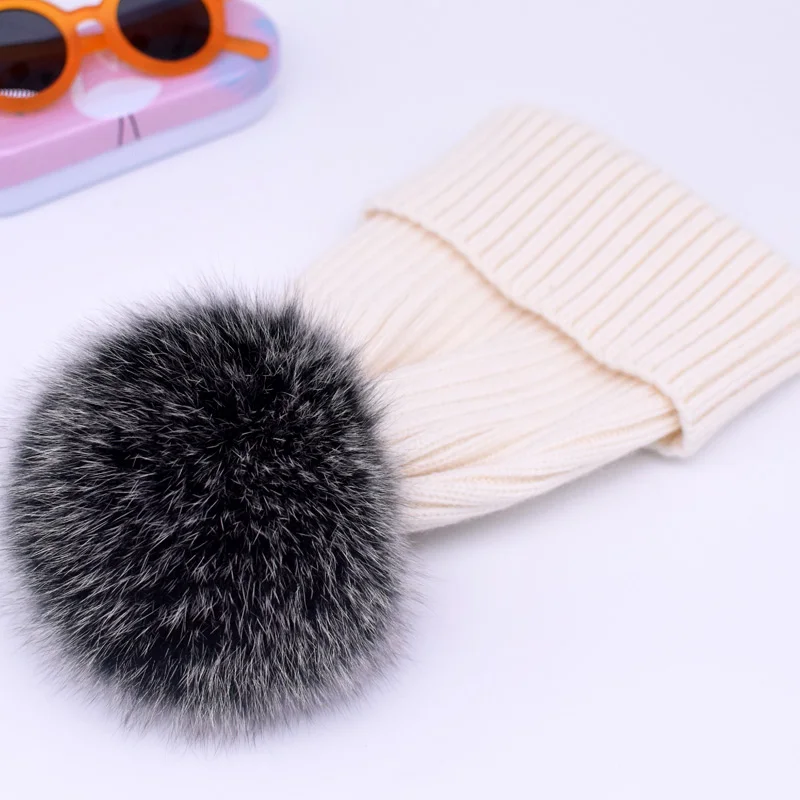 white fox fur 2 Новинка, зимняя шапка, роскошные качественные шапки с меховым помпоном, шапка высокого качества для девочек, женские зимние шапки - Цвет: white fox fur 2
