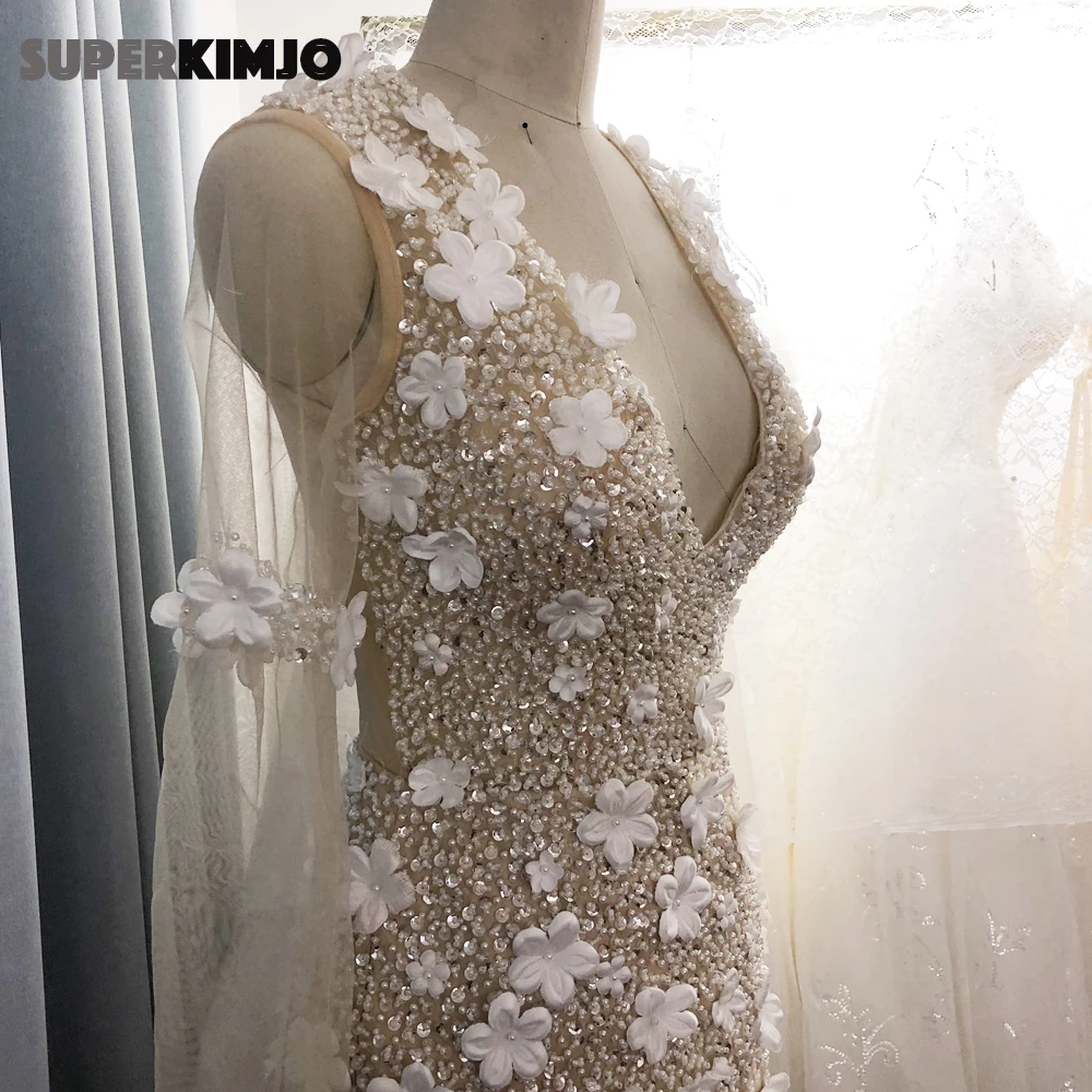 SuperKimJo Abendkleider бисерные вечерние платья с длинным рукавом 3D цветы Шампанское Русалка прозрачное сексуальное вечернее платье