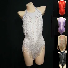 White Tassel Crystal Bodysuit Sexy Backless Stretch Tights Nightclub Women DJ Singer Performance Dance Wear DS Costume DT1161