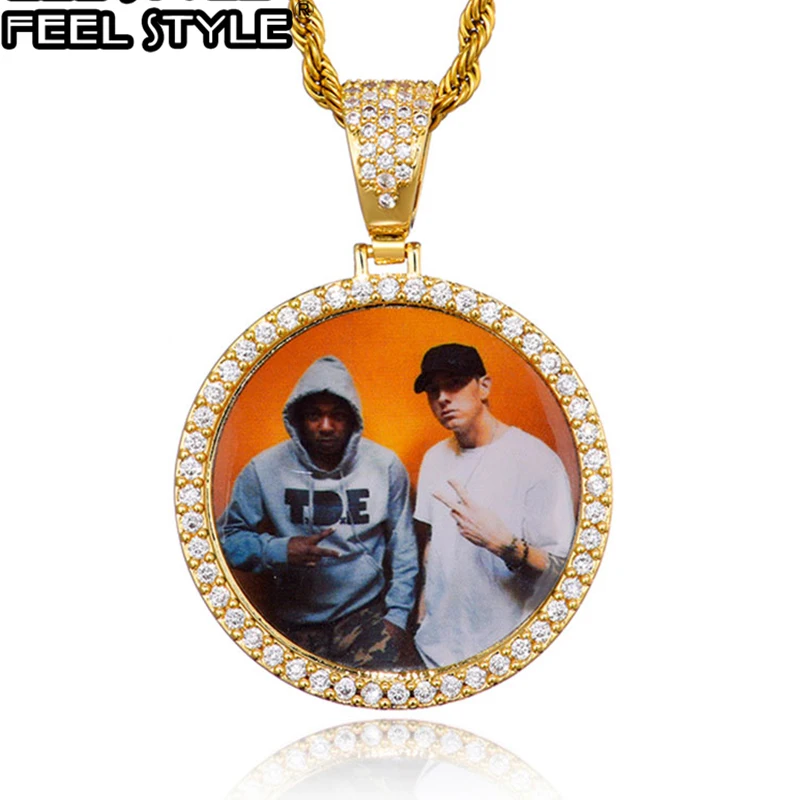 Hip Hop Custom Made Photo Roundness Solid Back Iced Out Bling Cubic Zircon Personalized Necklace & Pendant For Men Jewelry