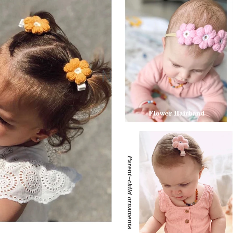 Diademas Vintage de nailon para bebé, diademas elásticas de lana a mano con flores de pinzas para el pelo para niñas, accesorios para el cabello para niños|Accesorios para pelo| -
