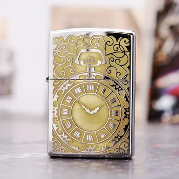 

100% Original Brand New ZP Lighter brass Chrome antique pocket watch carving oil Lighter with logo box gift for men