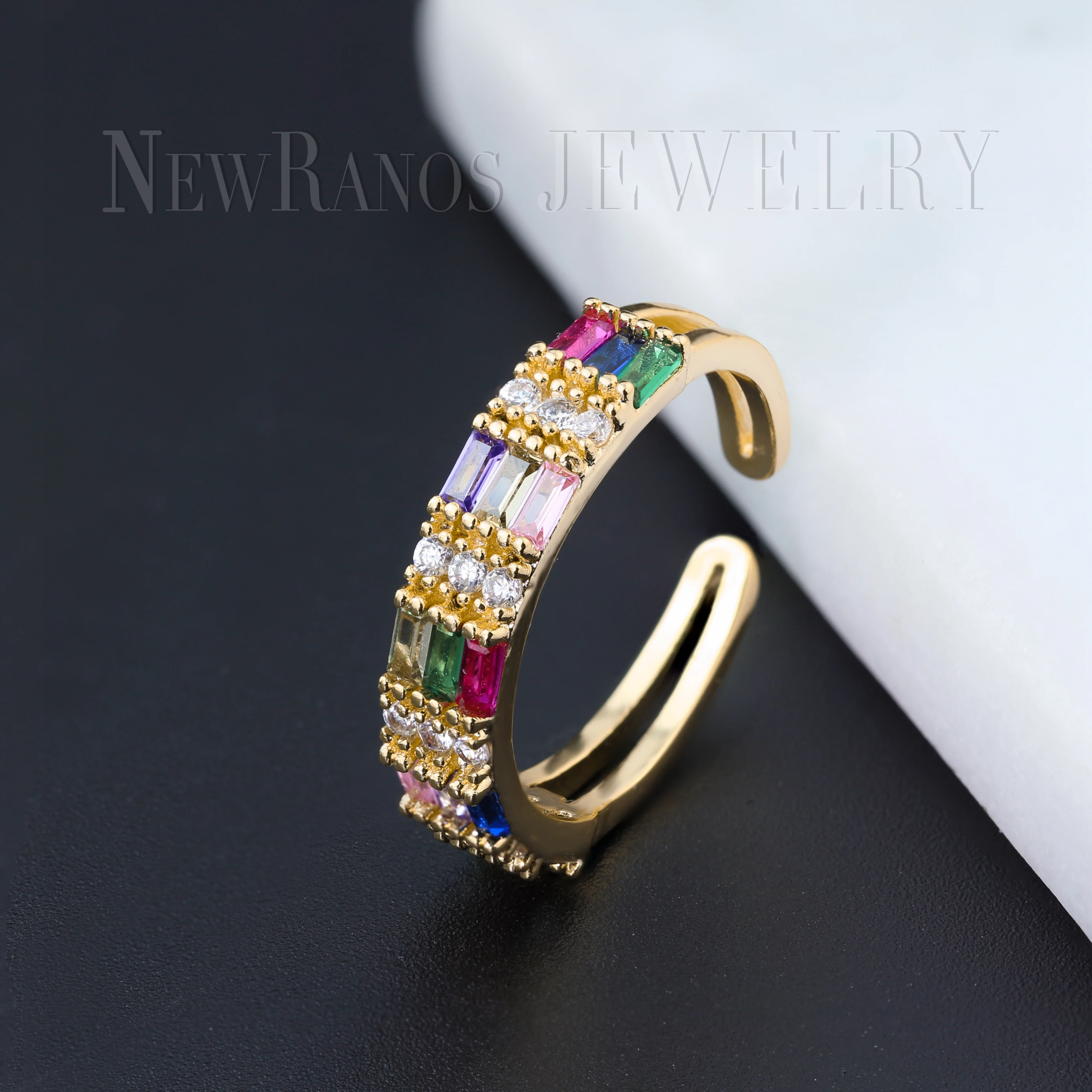 

Newranos Multilayer Open Ring Rainbow Baguette CZ Gold Ring Engagement Party Wedding Bands Ring for Women Jewelry RFX002524