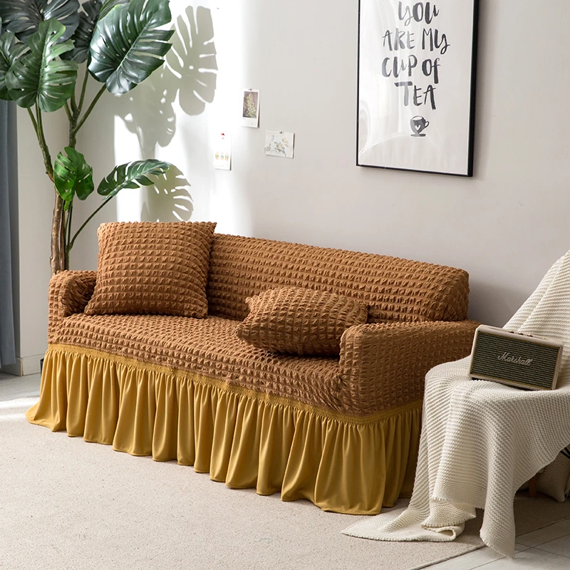 

High Elastic Skirt Sofa Cover Modern Luxury Armchair Couch Cover For Living Room Solid Color Bubble Jacquard Spandex Slipcovers