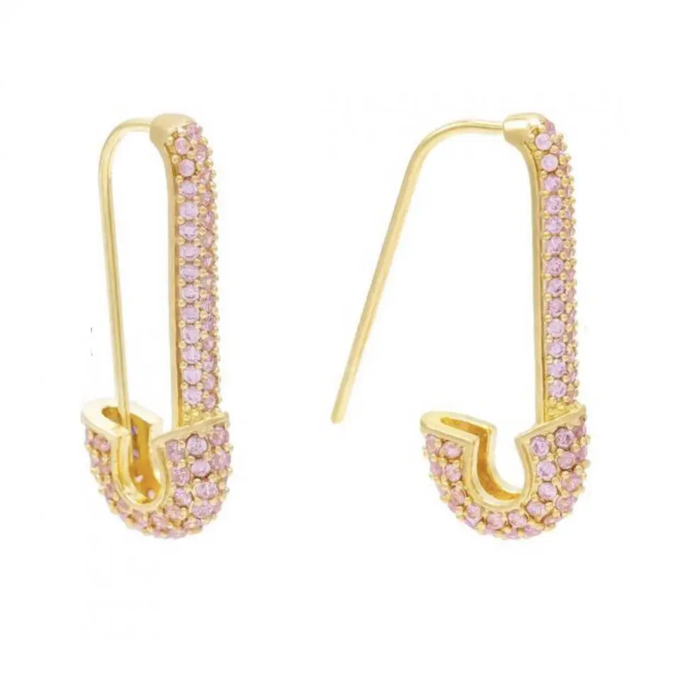 

unique designer paperclip safety pin studs fashion elegant women jewelry gold filled delicate pink cz earring 2019 new arrived