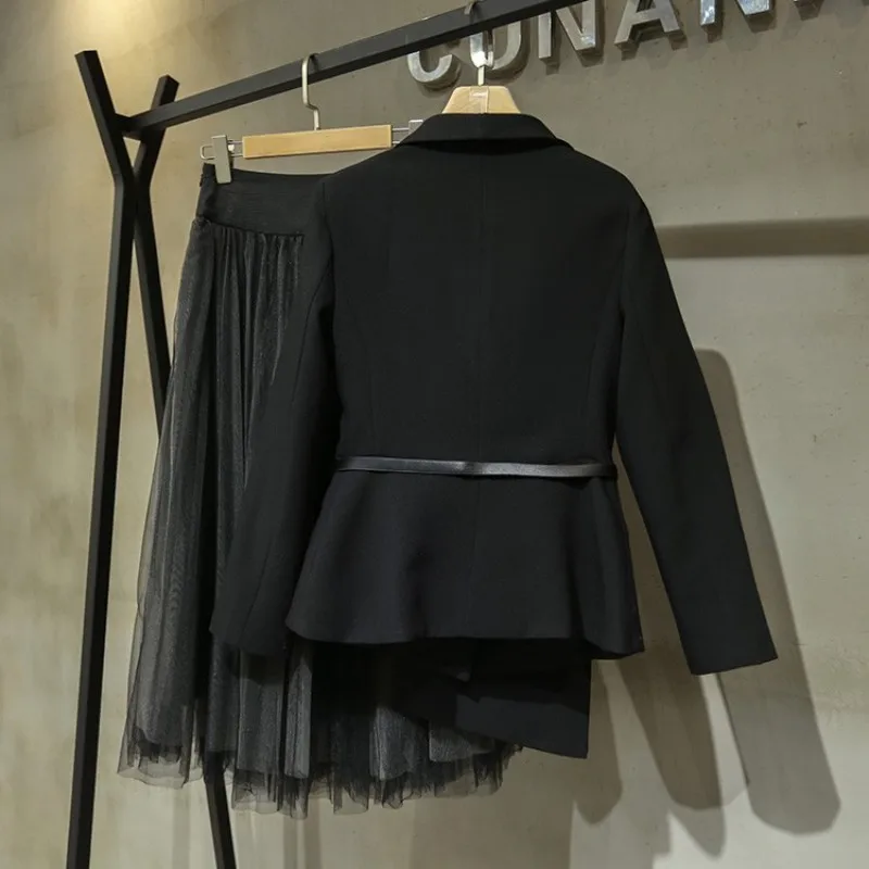 

Fashion Womens Long Slevve Sashes Asymmetrical Blazer Elastic Waist Medium Length Mesn Skirts Female Spring Two Piece Outfits