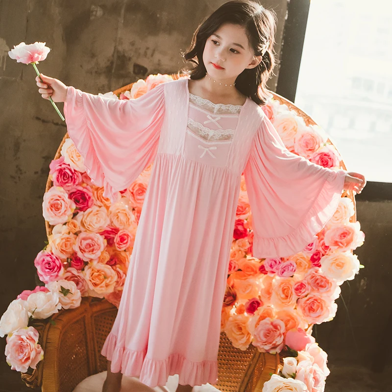 2020 New Lace Long Sleeve Princess Nightgown Big Girls Nightgowns Kids Girl Spring Summer Sweet Ruffles Sleepwear Nightdress|Ночные