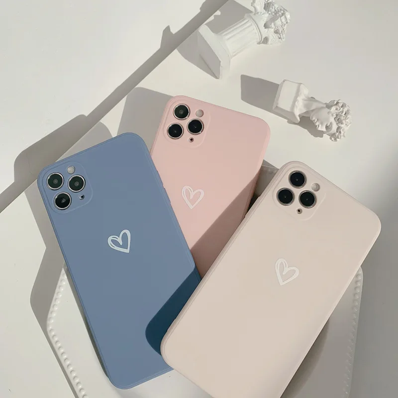 Simple Solid Color Love Heart Korean Phone Case For iPhone 11 Pro Max Xr X Xs max 7 8 Puls Se 2020 Cases Soft Silicone Cover