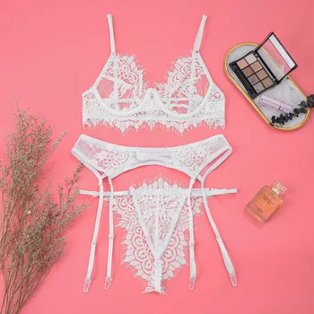 

3pcs Sexy Lingerie Set Temptation Lace Push Up Transparent Bra Set Erotic Women Underwear Bras G-string & Net Socks Nightgown#W