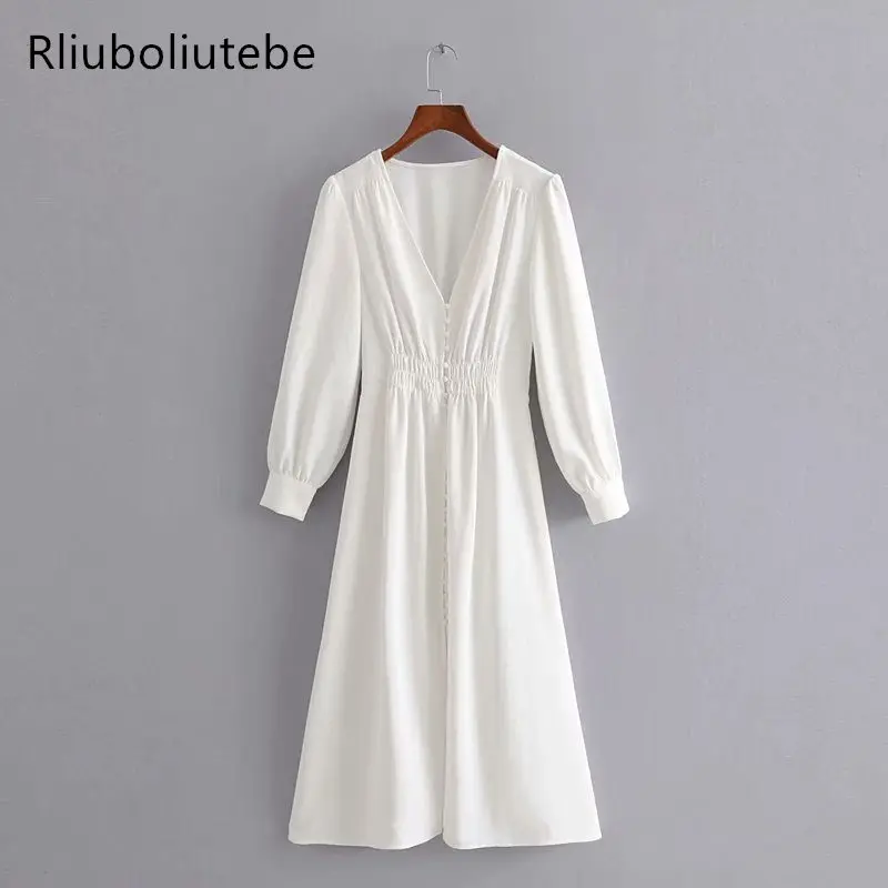 

autumn long sleeve white dress women high waist deep v neck button up a line casual sexy midi dresses female vestidos mujer