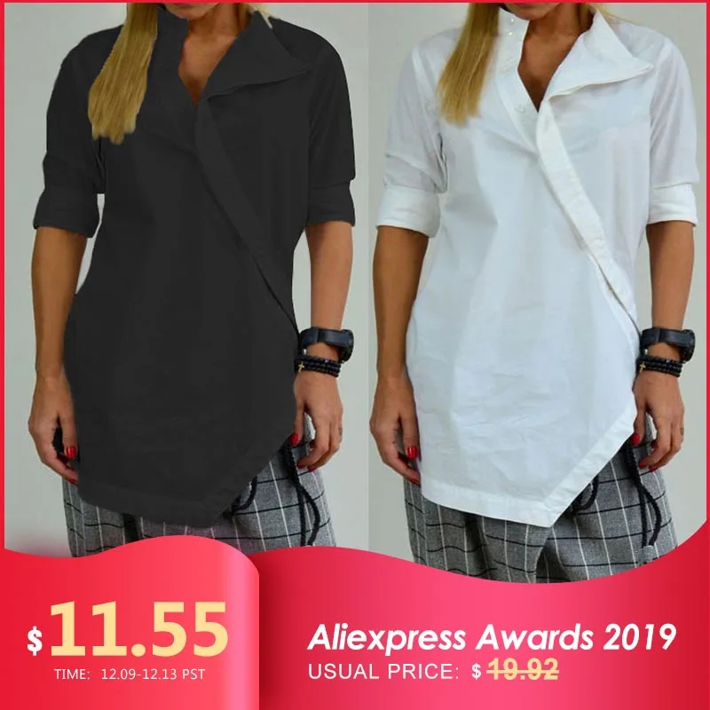 Cheap 2019 Celmia Women Buttons Down Tunic Shirts Vintage Linen Blouse Long Sleeve Asymmetrical Tops Solid Loose Blusas Plus Size 5XL