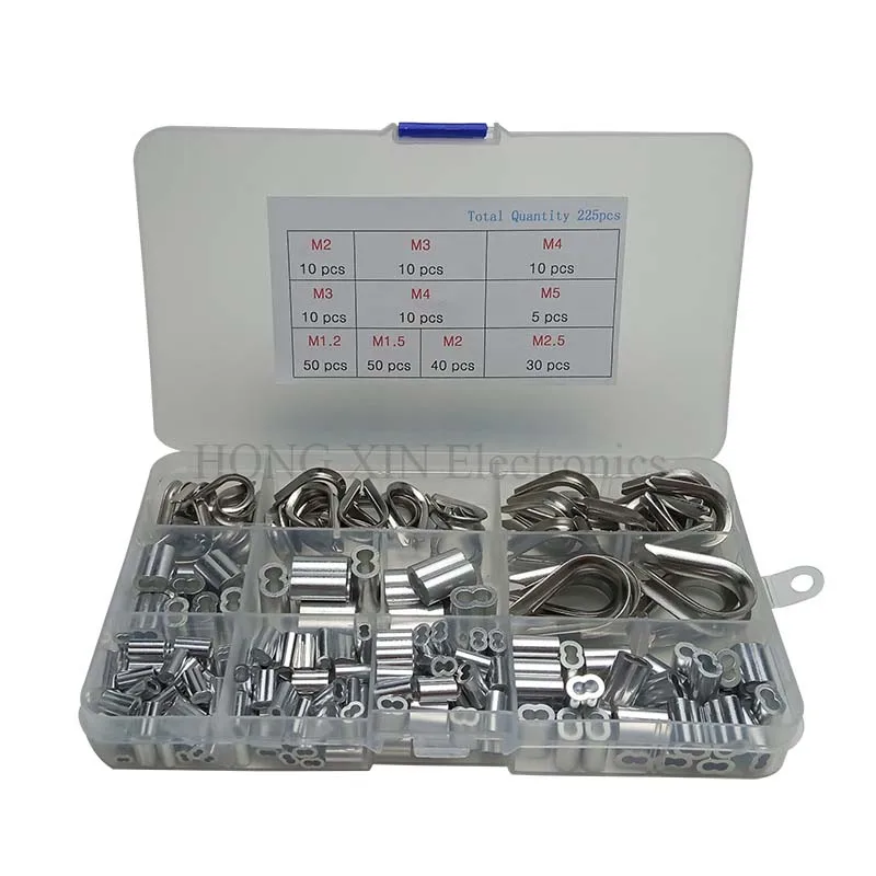 225Pcs/Set M1.2/1.5/2/3/4/5 Stainless Steel Thimble and 6-Size Aluminum Crimping Loop Sleeve Assortment Kit thimble and sleeve kit