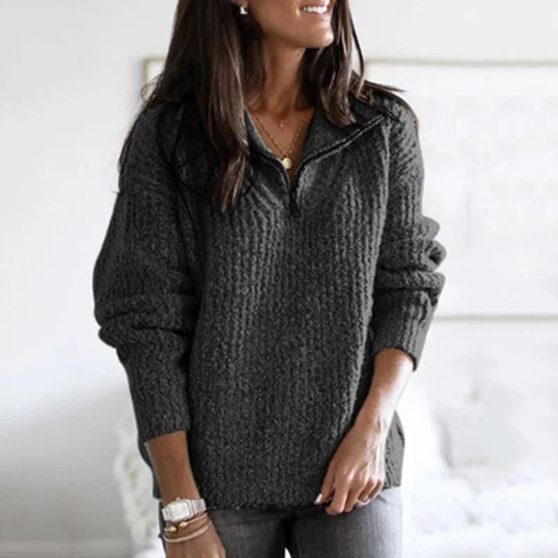 

Oversize Women Thick Knitted Sweater Turn Down Collar Zipper Autumn Winter Pullover Sweaters Long Sleeve Casual Pure Color Tops