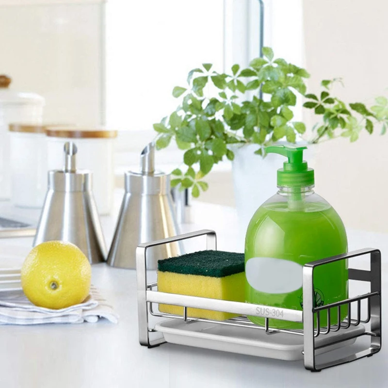 

Sponge Holder, Sponge and Soap Holder for Kitchen Sink, 304 Stainless Steel Kitchen Dish Soap Caddy Tray Organizer