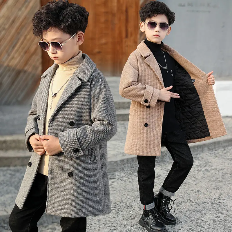 Boy Woolen Coat Autumn Winter Jacket New Fashion Turn Collar Solid Double-Breasted Children's Outerwear Trench High Quality