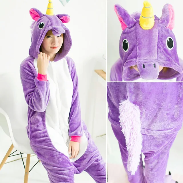 Kigurumi единорог пижамы Ститч взрослых животных Onesie женщин мужчин пара зимний Пижамный костюм, ночная рубашка фланелевые пижамы - Цвет: purple tenma