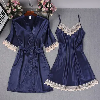 

Fashion Women Pajama Set Imitation Ice Silk Lace Chemise Ladies Adult V Neck Kimono Robe Sexy Sleeping Summer Soft Solid