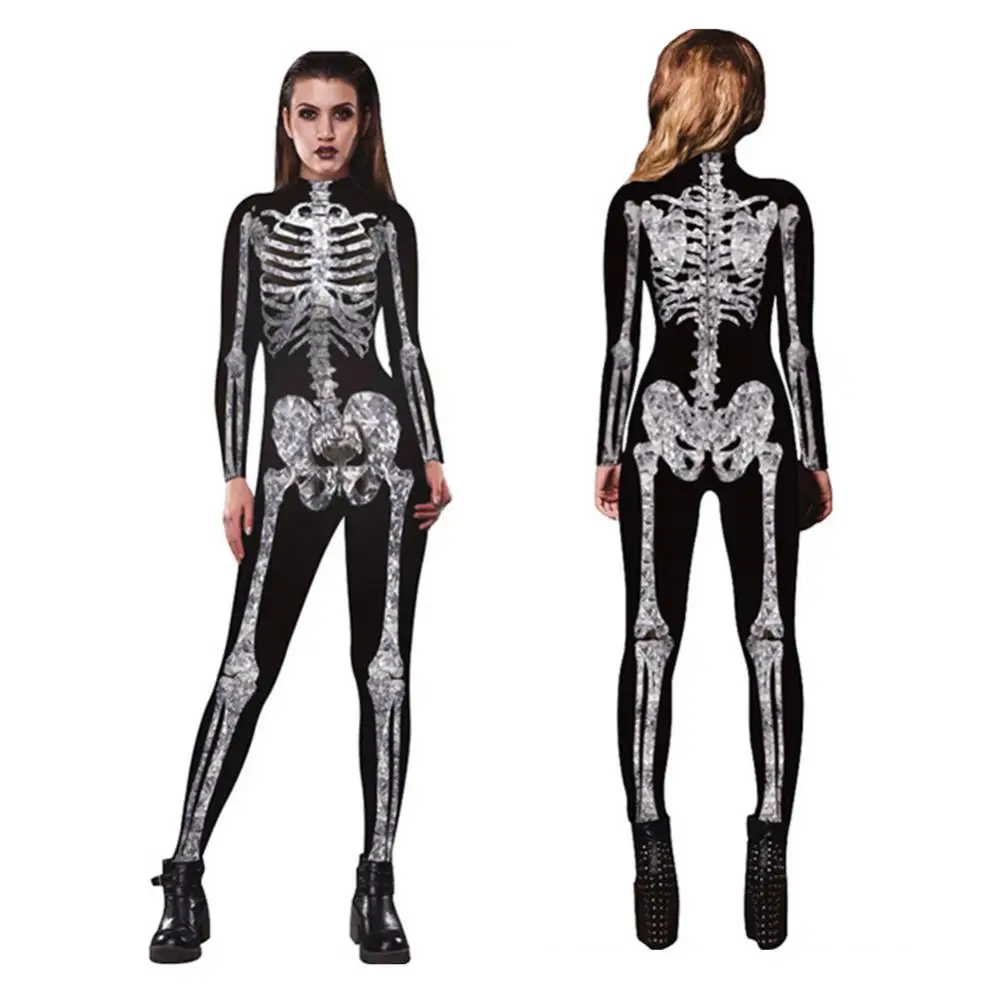 Costume Women Halloween Long Seeve Scary Skeleton Print Jumpsuit Bodysuits 2021 Digital Printing Cosplay Bodycon Party Costume