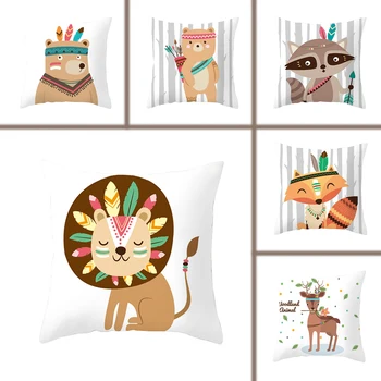 

Children Simple Cushion Cover Hand Painted Cartoon Animals Pillow Case Nordic Style Forest Bear Rabbit Fox Pillow Cover