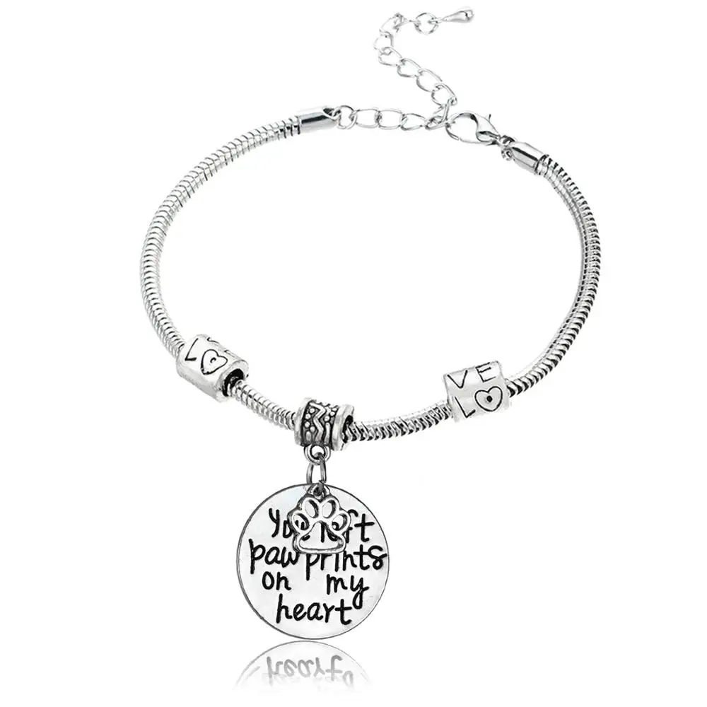 12 шт браслеты памяти вы левой лапы печать на моем сердце круг кулон собачья лама браслеты ювелирные изделия романтичный с серебряным покрытием бисера цепи