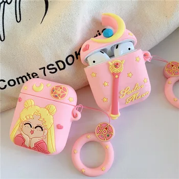 

Bluetooth Earphone Case for Airpods 2 Accessories Protective Cover Bag Anti-lost ring Strap Cute Cartoon Silicone 3D Sailor Moon