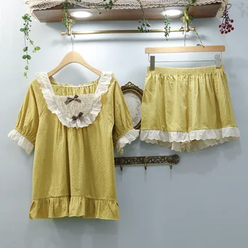 

Vintage Court Palace Princess Style Pajamas Set for Woman Lace Bow Tie Cute Sleepwear Cotton Summer Autumn Lounge Pyjamas Suit
