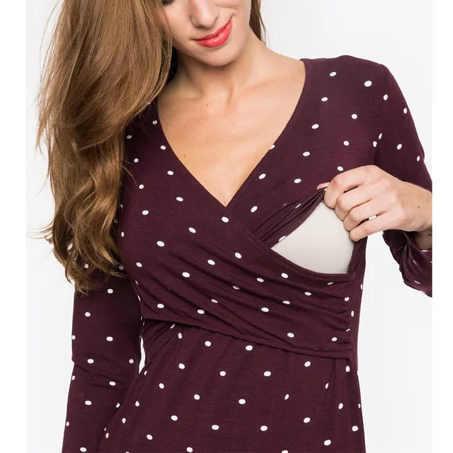 Одежда для грудного вскармливания, женская футболка для материнства, топ для кормления, Двухслойная футболка с принтом «Летающий журавль», Одежда для беременных женщин - Цвет: Red-dots