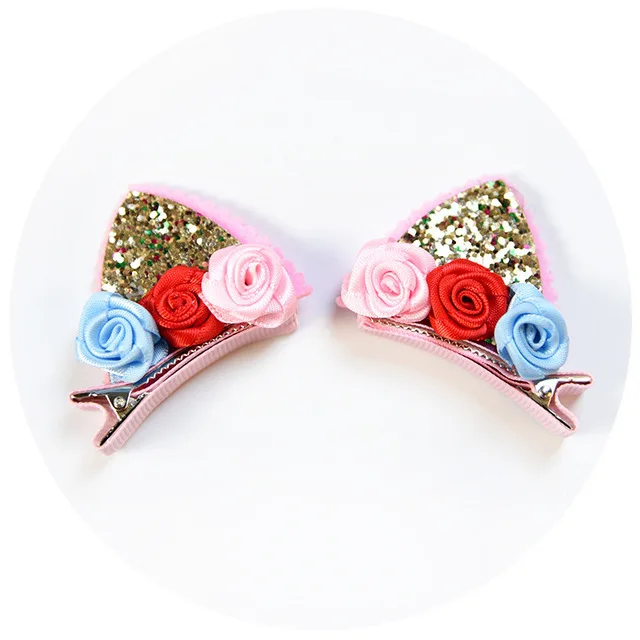 2pcs/Set Cute Hair Clips For Girls Glitter Rainbow Felt Fabric Flowers Hairpins Cat Ears Bunny Barrettes Kids Hair Accessories Gold