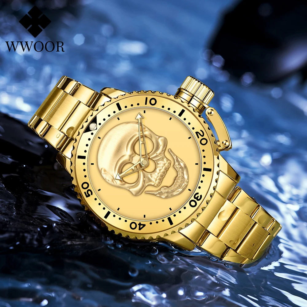 WWOOR Brand Mens Watches Sports Quartz Wristwatch Luxury Full Gold Steel Clock Fashion Waterproof Men's Watch Relogio Masculino