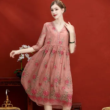 

Chinese Style Embroidery Floral Dress Summer New V-Neck Puff Sleeve Loose Holiday Party Women's Dress M-2XL