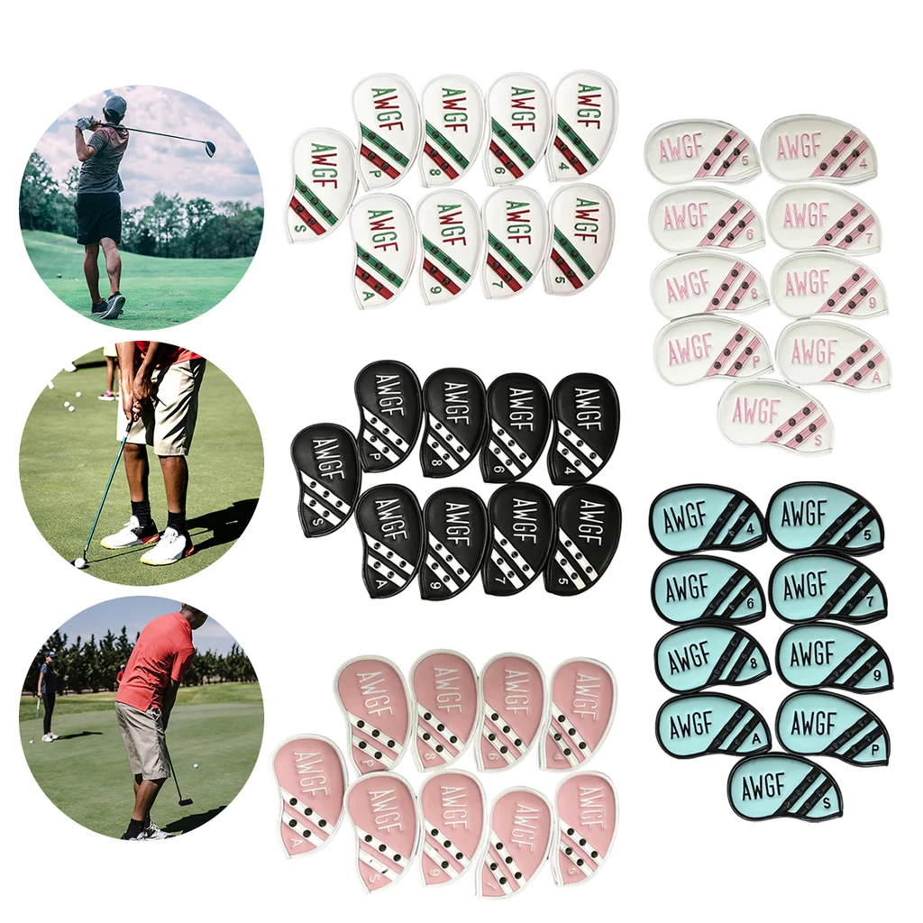 

9Pack PU Leather Golf Iron Head Cover Durable Club Headcover Protection Sleeve with Sticker Closure Printed Numbers