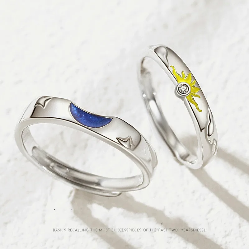 925 Sterling Silver Zircon Sun Moon Open Lovers Ring Romantic Couple Student Fine Jewelry Flyleaf - Image 2