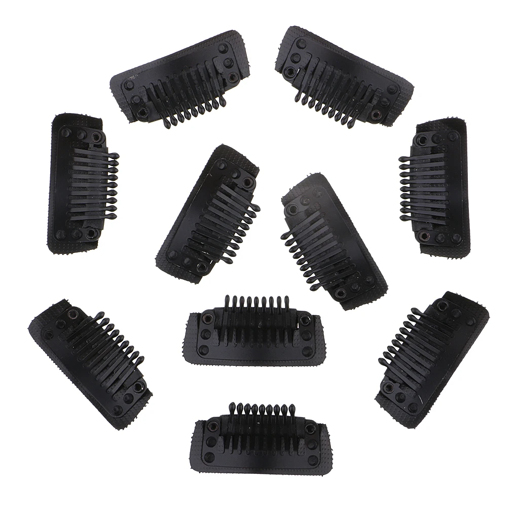 10pcs Large 9 Teeth Snap Clips For Feather Hair Extensions Wigs Weft- Black/White