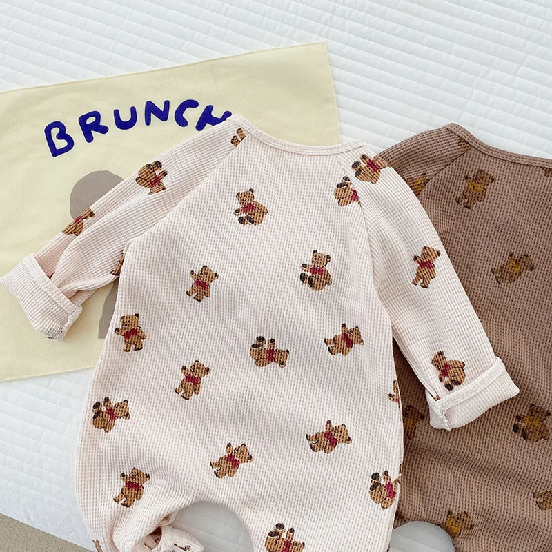 Autumn Baby Boy Bear Jumpsuits Waffle Rompers