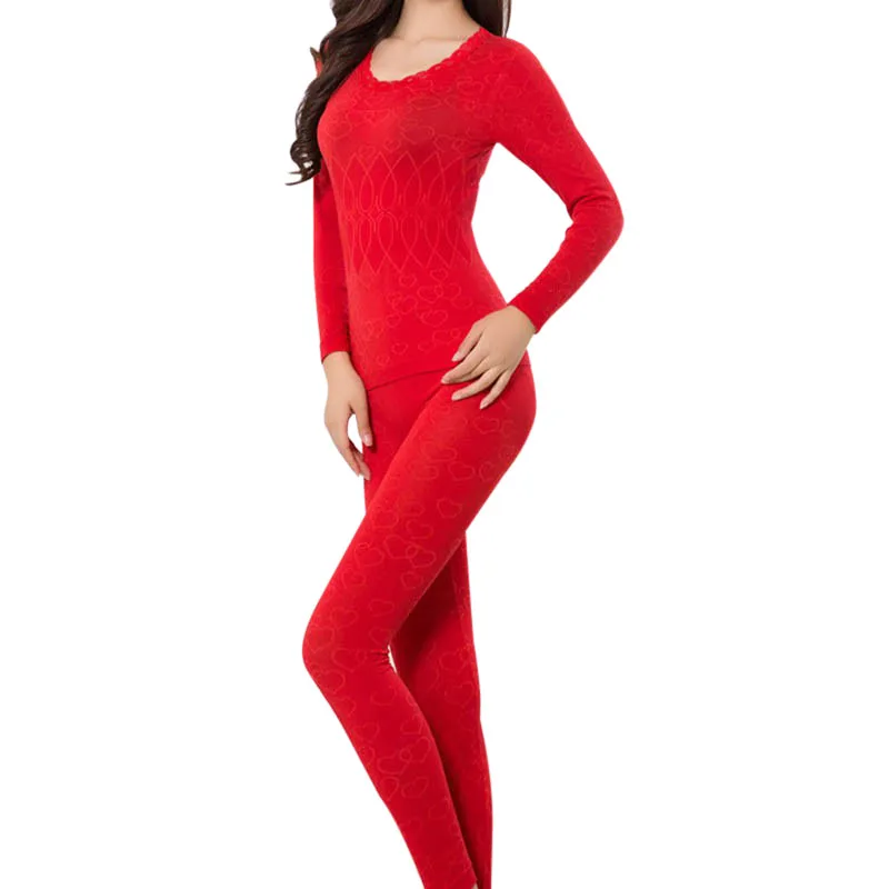 Женское удобное зимнее теплое нижнее белье с длинным рукавом, топы+ штаны, кальсоны - Цвет: Красный