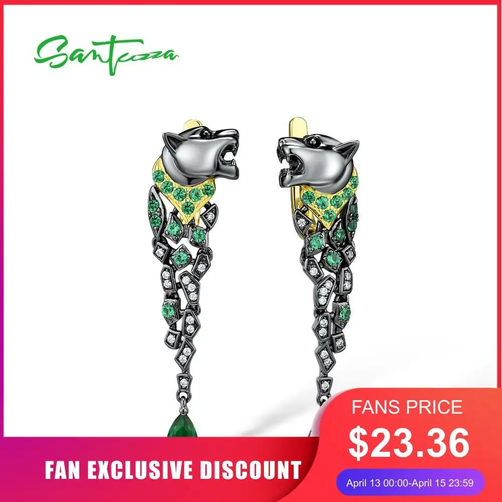 

SANTUZZA Silver Earrings For Women 925 Sterling Silver Black Color Leopard Sparkling Green Spinel Stunning Trendy Fine Jewelry
