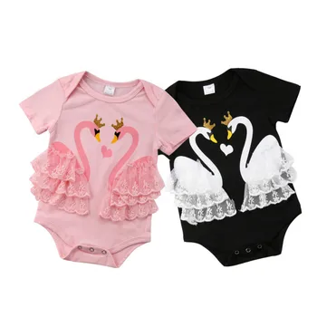 

Cute newborn baby girl romper short sleeve comfortable lace cartoon swan print jumpsuit infant girl clothes