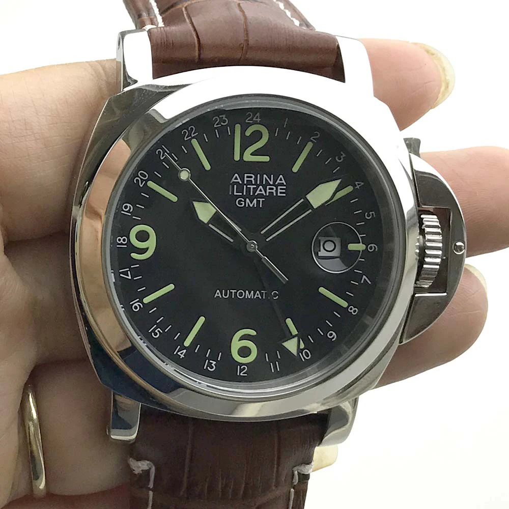 Часы Parnis 44 мм GMT автоматический механизм мужские часы из нержавеющей стали полированный кожаный ремешок