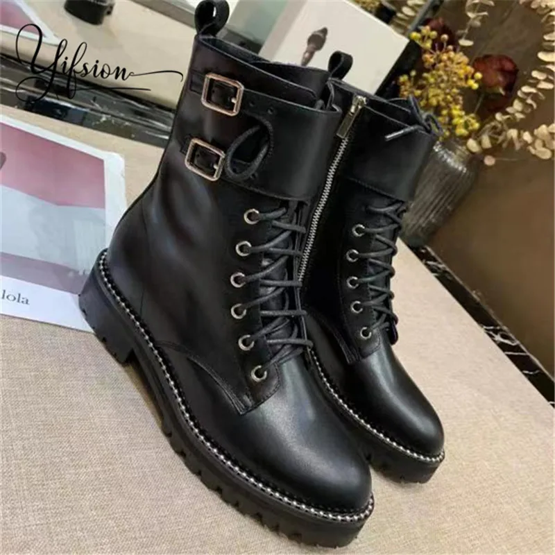 

OLOME New Genuine Leather Rome Gladiator Women Boots Round Toe Chunky Heel Women Autumn Winter Ankle Boots Shoes Woman