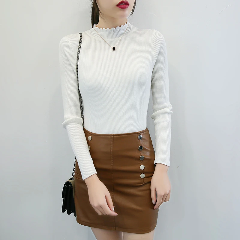 

Embroidered Collar Sweater Winter Woman Sexy Knitted Ruffle Red win White Sweater Autumn Short Slim Tight Sweaters Ladies